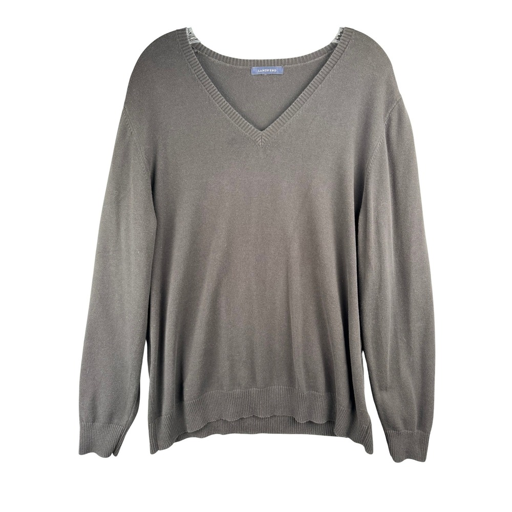 Lands End Mens Large V-Neck Sweater Gray Cotton Blend Long Sleeve